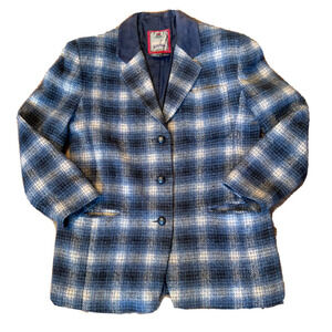 Vtg Ventara Blazer Womens Large L Wool Blend Blue Plaid Leather Trim Sport Coat